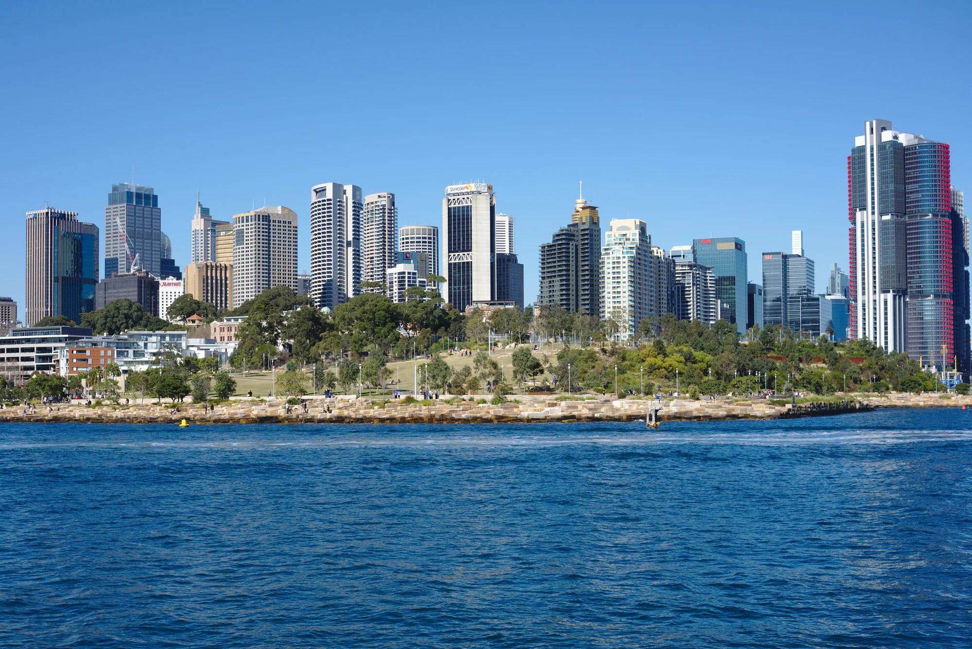 Barangaroo Reserve’s planted waterfront and sandstone shoreline in front of Sydney’s high-rise skyline.