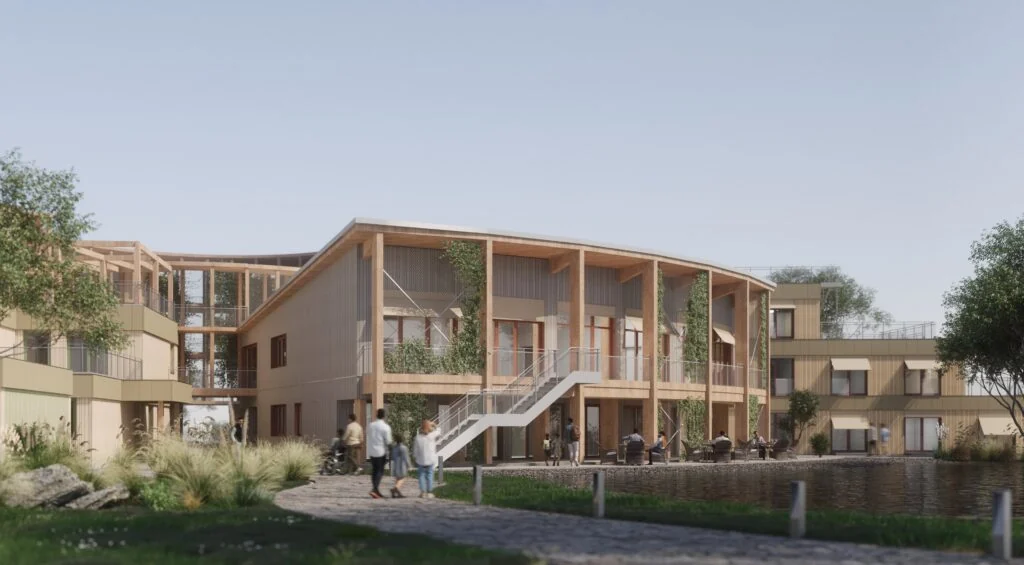 Architectural rendering of ALIA’s timber buildings around a landscaped courtyard and pond.