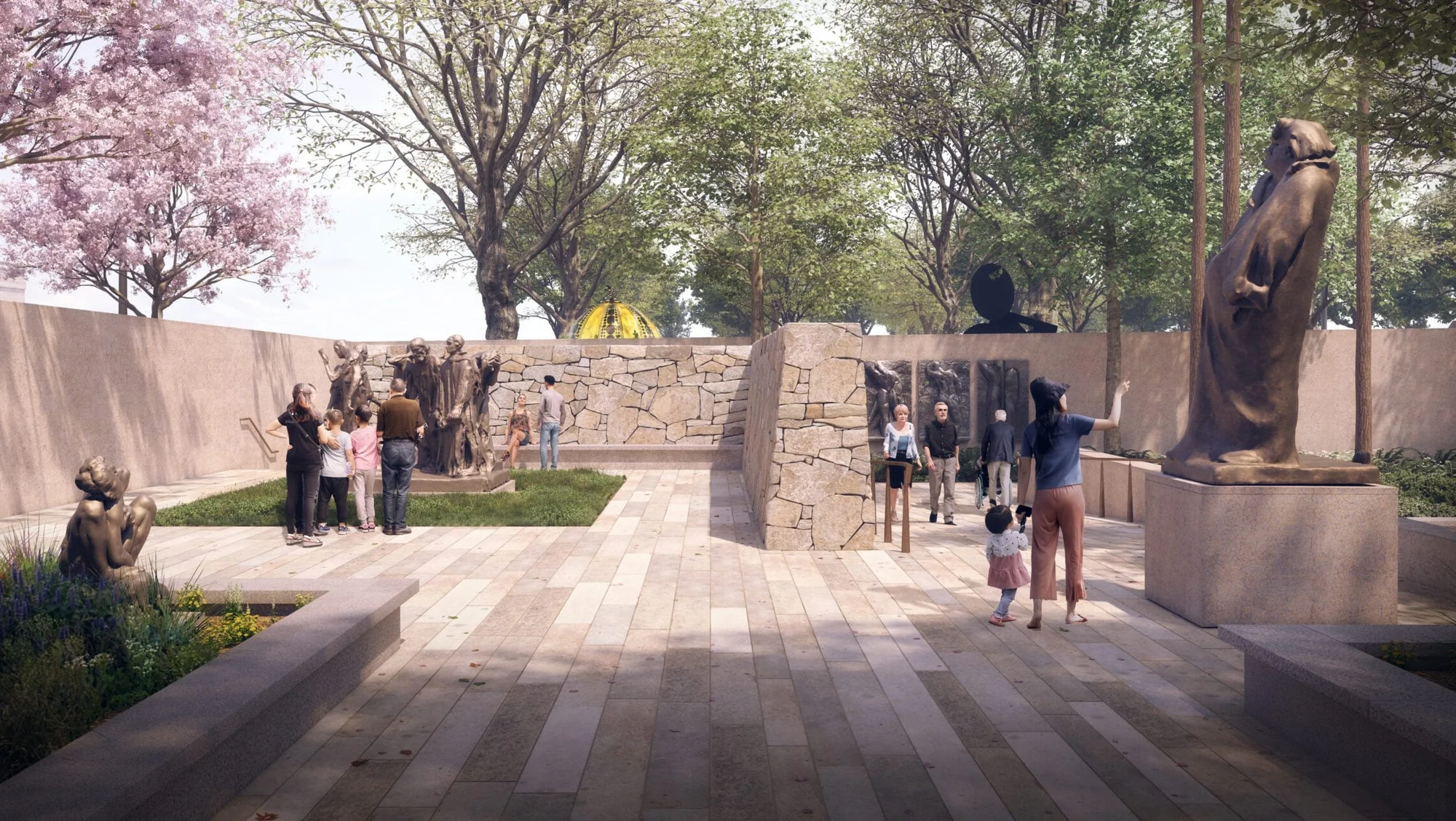 Rendering of the Hirshhorn’s East Garden with sculptures, stone walls, planted beds and visitors beneath trees.