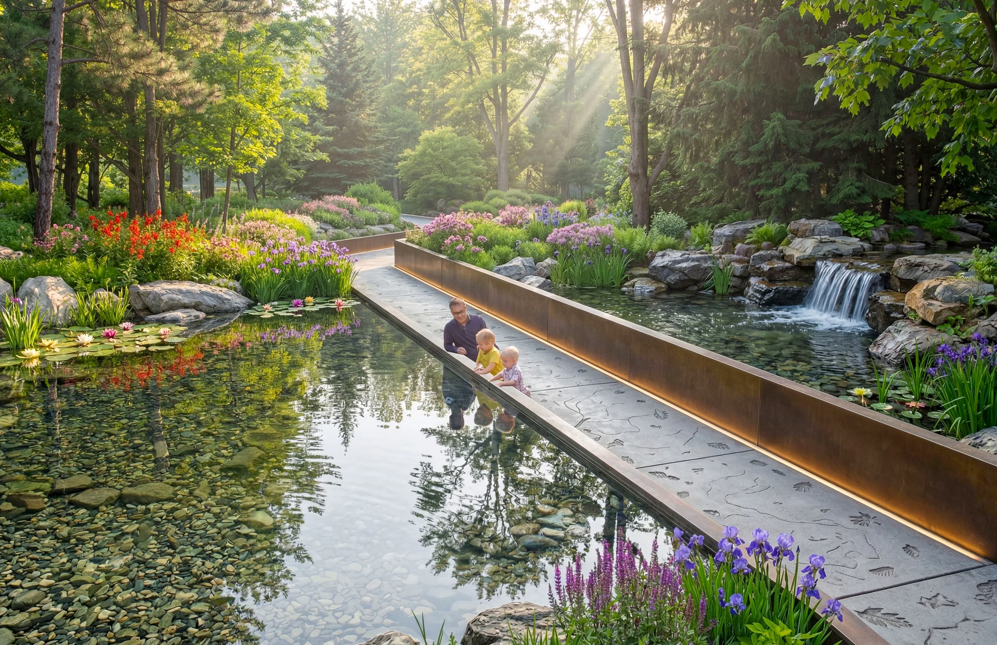 Concept rendering of a low bridge through a planted pond, with an adult and children beside the water.