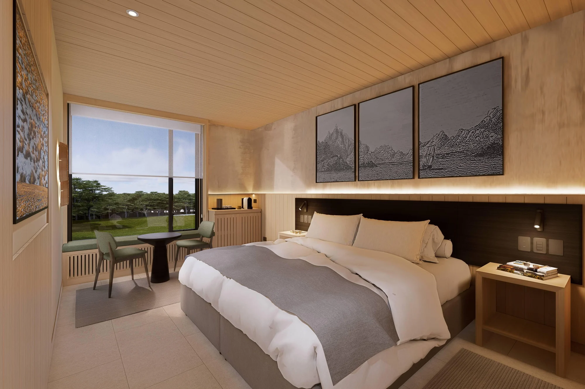 Architectural rendering of a Cormorant guestroom with a pale wood ceiling, a large bed, landscape artworks and two chairs beside a forest-facing window.