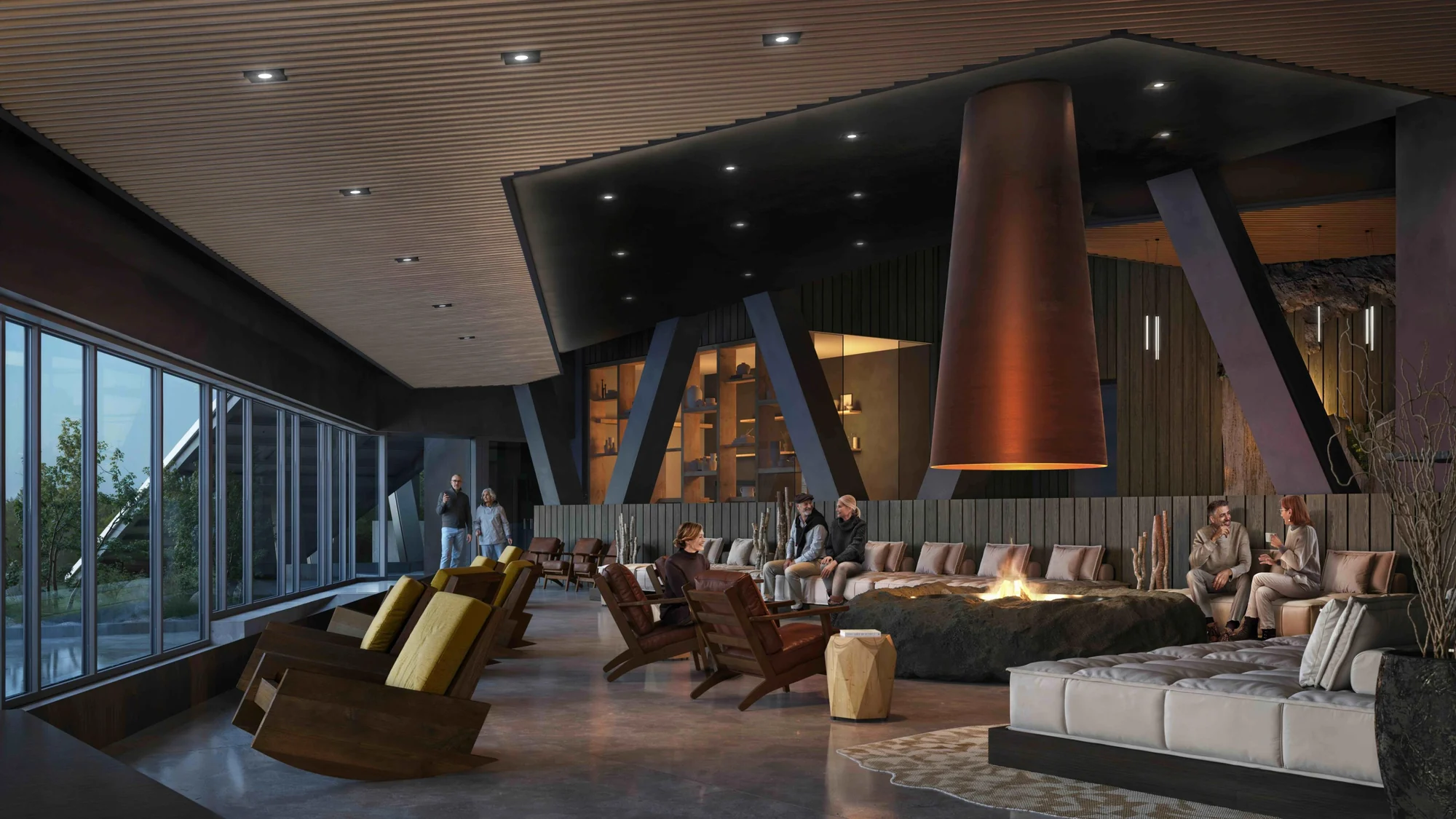 Architectural rendering of the planned Fireplace Lounge at The Cormorant at 55 South, with a large copper-coloured chimney, communal seating and full-height glazing.